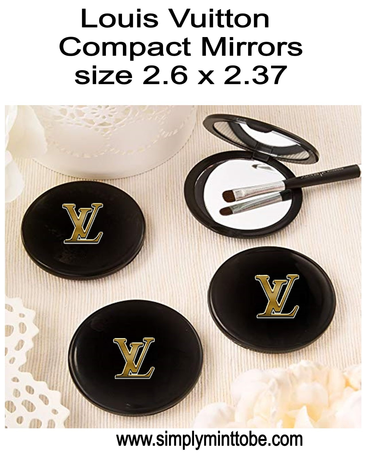 Louis Vuitton Inspired Black Compact Mirrors with Gold LV logo for