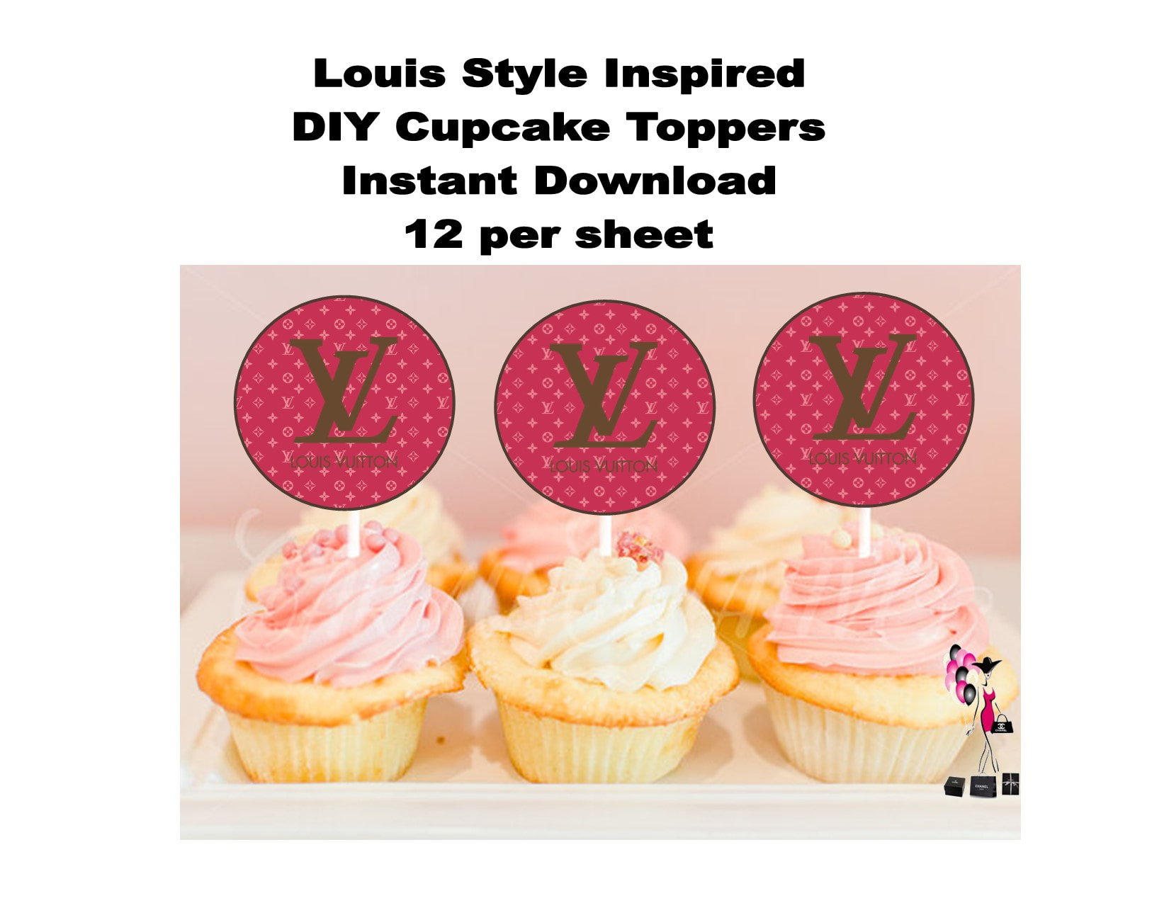 Louis Style Inspired Cupcake Toppers Brown with Silver Logo